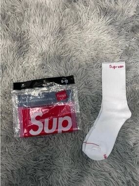 Hanes White Crew Socks with Red 'Supreme' Logo